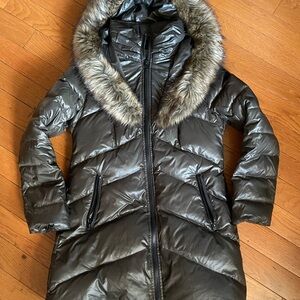 Kensie Shiny Black Puffer Coat with Faux Fur Hood